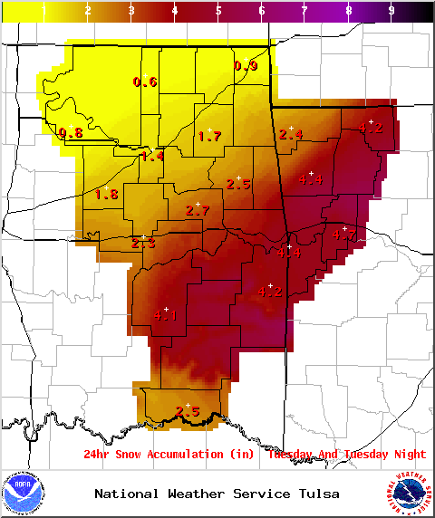 NWS Snowfall Amounts for Christmas Day in NE Oklahoma